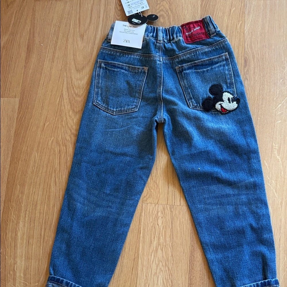 Zara x Disney jeans drop crotch the low pant denim Mickey Mouse  size 4-5